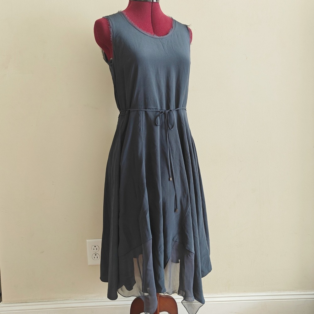 Elie Tahari Navy Blue 100% Silk Midi Dress Sleeveless Handkerchief Hem Sheer XS